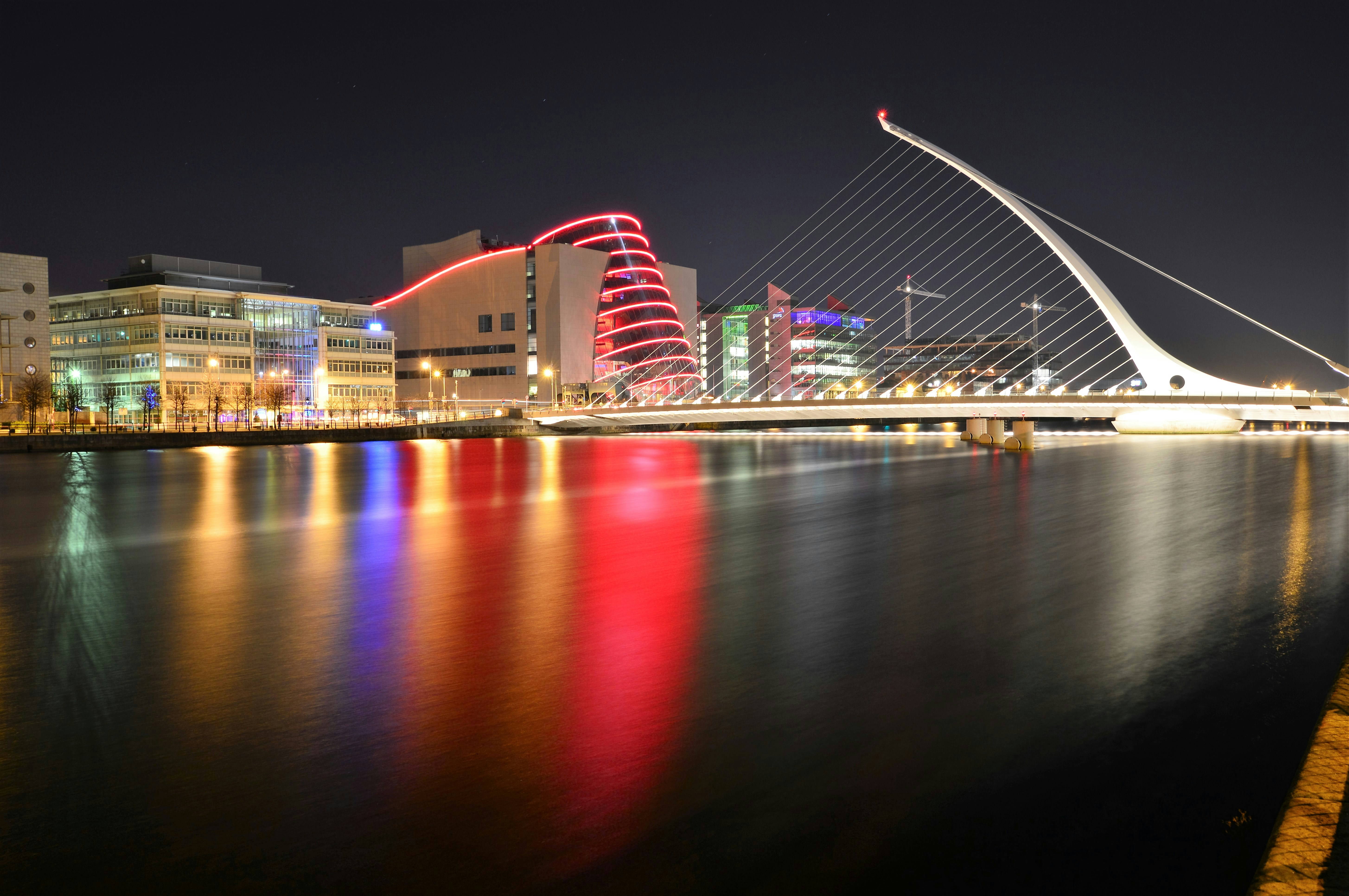 Elegant Dublin landscape seen at nighttime over the River Liffey